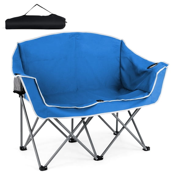 Double camping chair for 2, oversized portable folding loveseat with armrests, dual cup holders, carry bag, heavy duty beach lawn chair for couples, blue