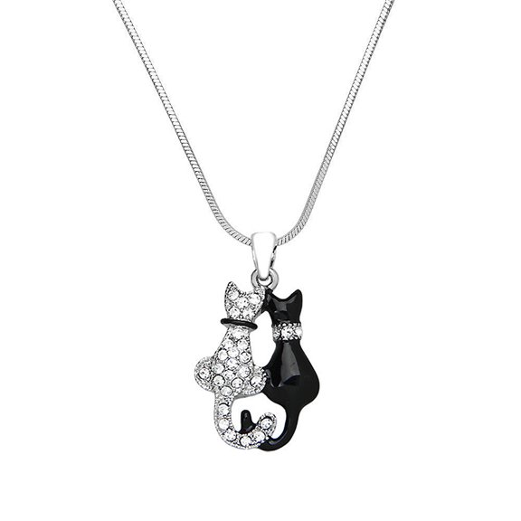 Double cat Pendant Necklace Rhinestone Crystal Rhodium High Polished J0327