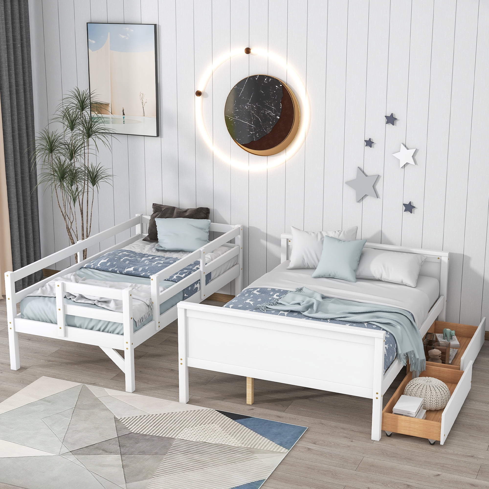 Double detachable bed ,Twin over Full Bunk Bed with 2 Drawers,Slide,Shelves White