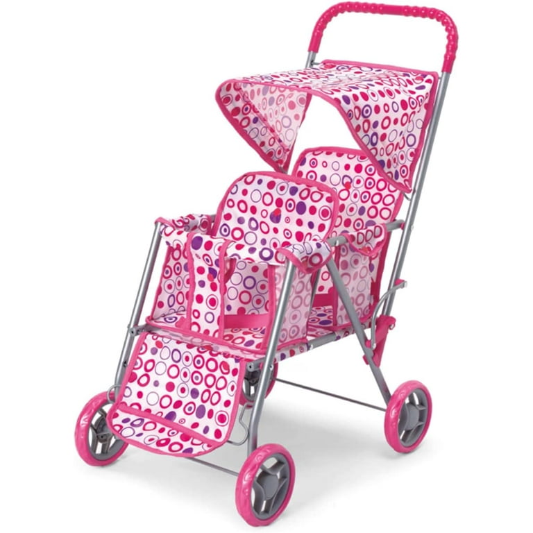 Double doll stroller pink color Two seat one canopy 5 wheel