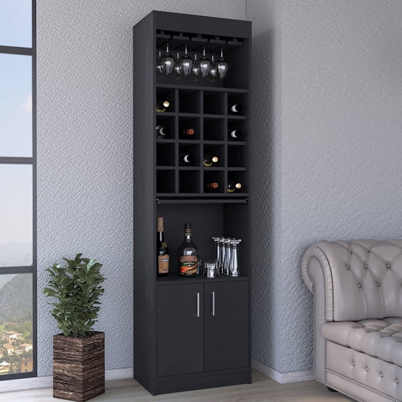 Double door, glass rack bar cabinet | Modern style in dining room, particle board construction