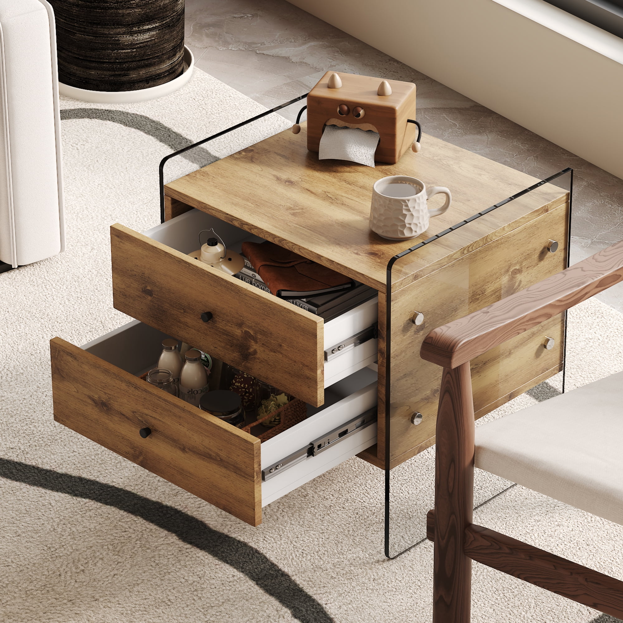 Double-drawer bedside table. The board surface is MDF sticker, and both ...