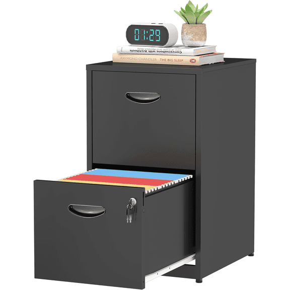 Double-drawer filing cabinet with lock, small black filing cabinet, suitable for home offices, metal upright under-desk filing cabinet, suitable for A4/Letter paper, requires self-assembly.
