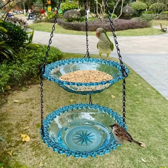 Double hanging bird feeder with Hole, Platform Flat Bird Seed Tray for Outdoors, Cardinal, Blue Jay, Crow, Birdfeeders Outside Hanging, Wild Small Large Bowl Feeders, Bath Bowl for Garden