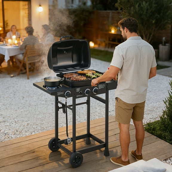 Double-head propane gas barbecue grill - Compact stainless steel outdoor cooking surface, suitable for dining on patios and backyards
