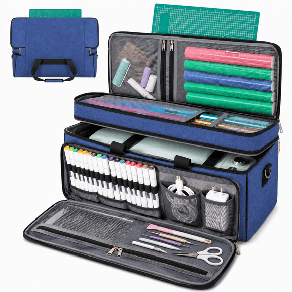 LAVFOX Double Layer Cricut Carrying Case with Mat Pocket, Blue