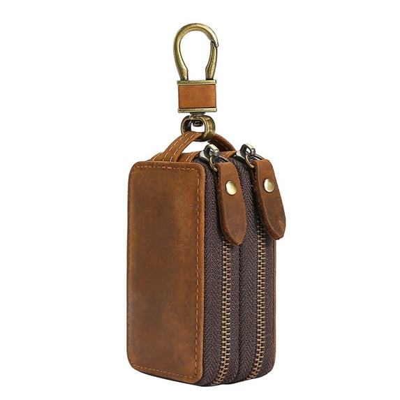 Double-layer Cowhide Key Bag Zip Type Leather Key Wallet Pouch Bag for Men Women Gift, 5.5*9*4cm