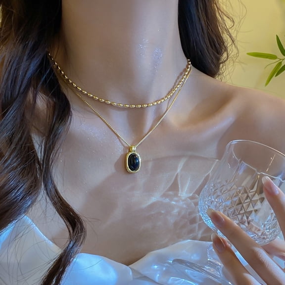 Double-layer Elegant Twin Metal Black Bead Necklace