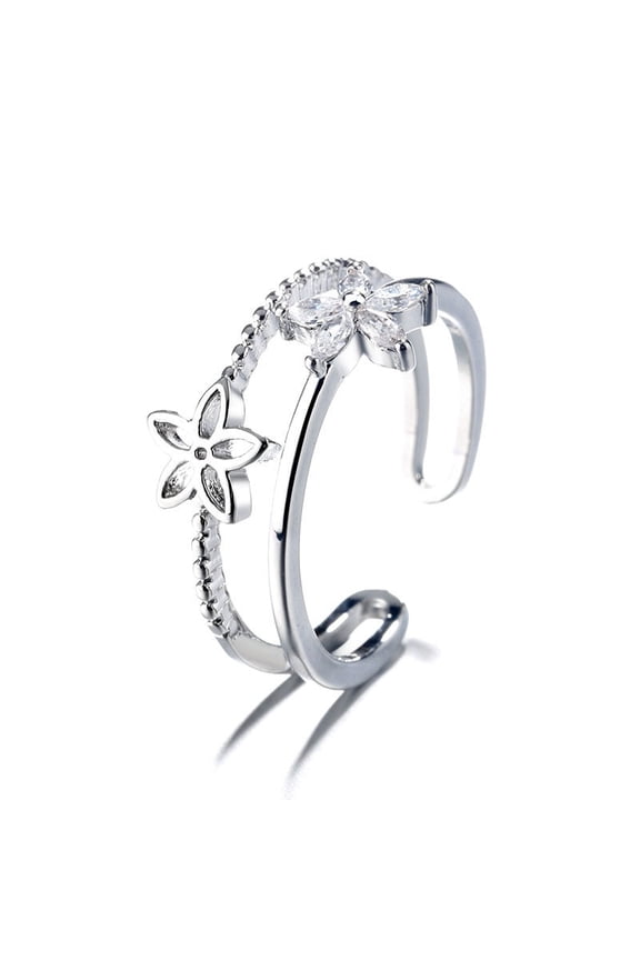Womens Flower Ring Adjustable Double Layer Korean Fashion Jewelry Delicate Flower Design Copper Ring Gift for Her