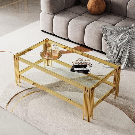 Double - layer Glass Coffee Table with Silver Frame / For Movie Nights / Easy to Clean