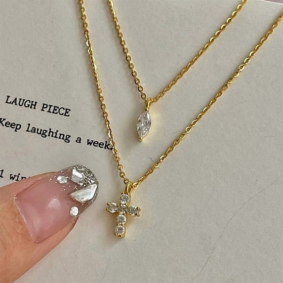 Double-layer Graceful And Fashionable Cross Water Drop Zircon Necklace For Women