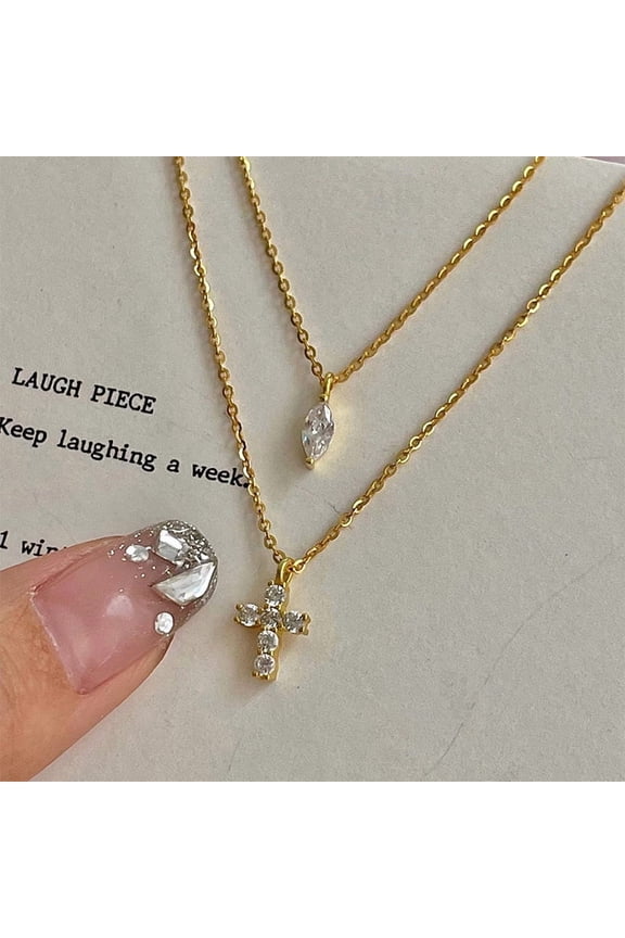 Double-layer Graceful And Fashionable Cross Water Drop Zircon Necklace For Women