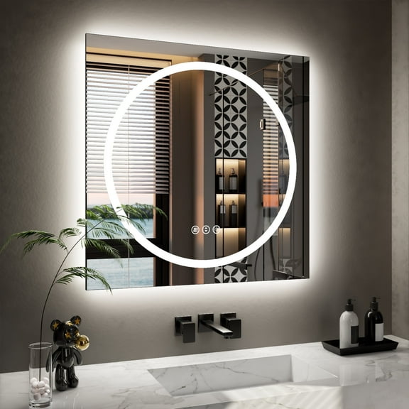 Double-layer LED Bathroom Mirror 32x32 Inch,Wall Mirrors with Anti-Fog Vanity Mirror ,Shatter-Proof,Memory Makeup Mirror with LED Lights