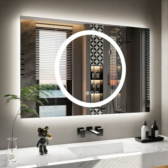 Double-layer LED Bathroom Mirror 48x32 Inch,Wall Mirrors with Anti-Fog Vanity Mirror ,Shatter-Proof,Memory Makeup Mirror with LED Lights