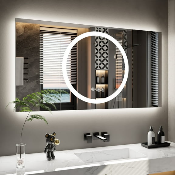 Double-layer LED Bathroom Mirror 60x32 Inch,Wall Mirrors with Anti-Fog Vanity Mirror ,Shatter-Proof,Memory Makeup Mirror with LED Lights