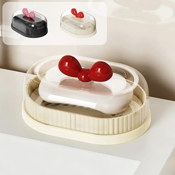 Double-layer No Drill Soap Box Cartoon Bow Design Soap Storage Container with Lid, Topliu