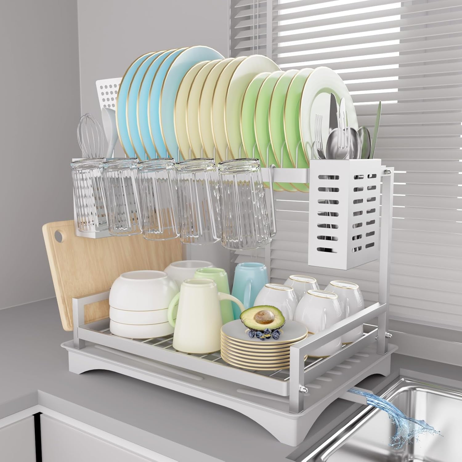 Double-tier dish drying rack, kitchen countertop organizer, large ...
