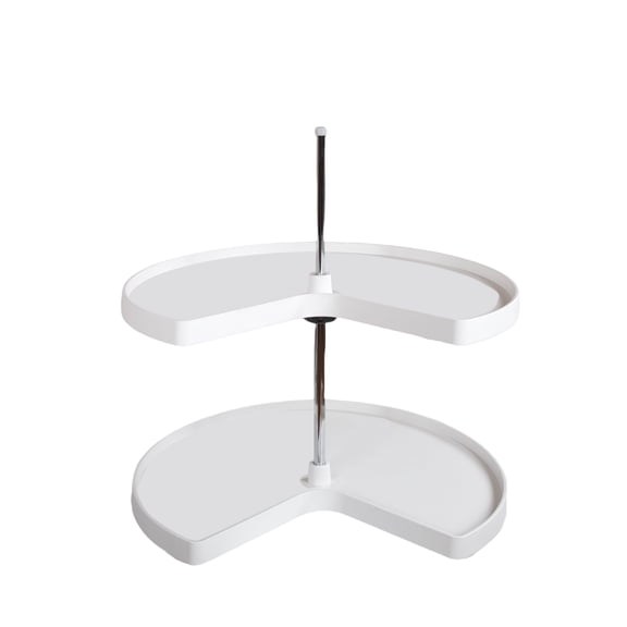 Double-layer kidney-shaped cabinet shelving unit for corner base cabinets, made of plastic, 28-inch double-layer rotating kitchen spice/canning organizer, white.