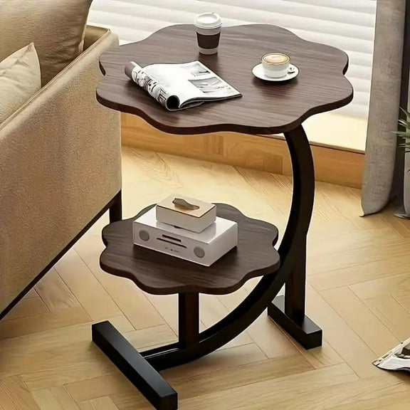 Double-layer petal-shaped side table with metal frame, multi-purpose portable coffee table suitable for sofa end in living room, fiberboard structure, applicable to various models