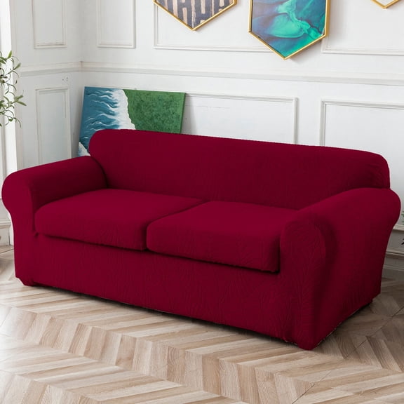 Stretch Leaf-Patterned Jacquard 2-Seater Sofa Cover, Wine