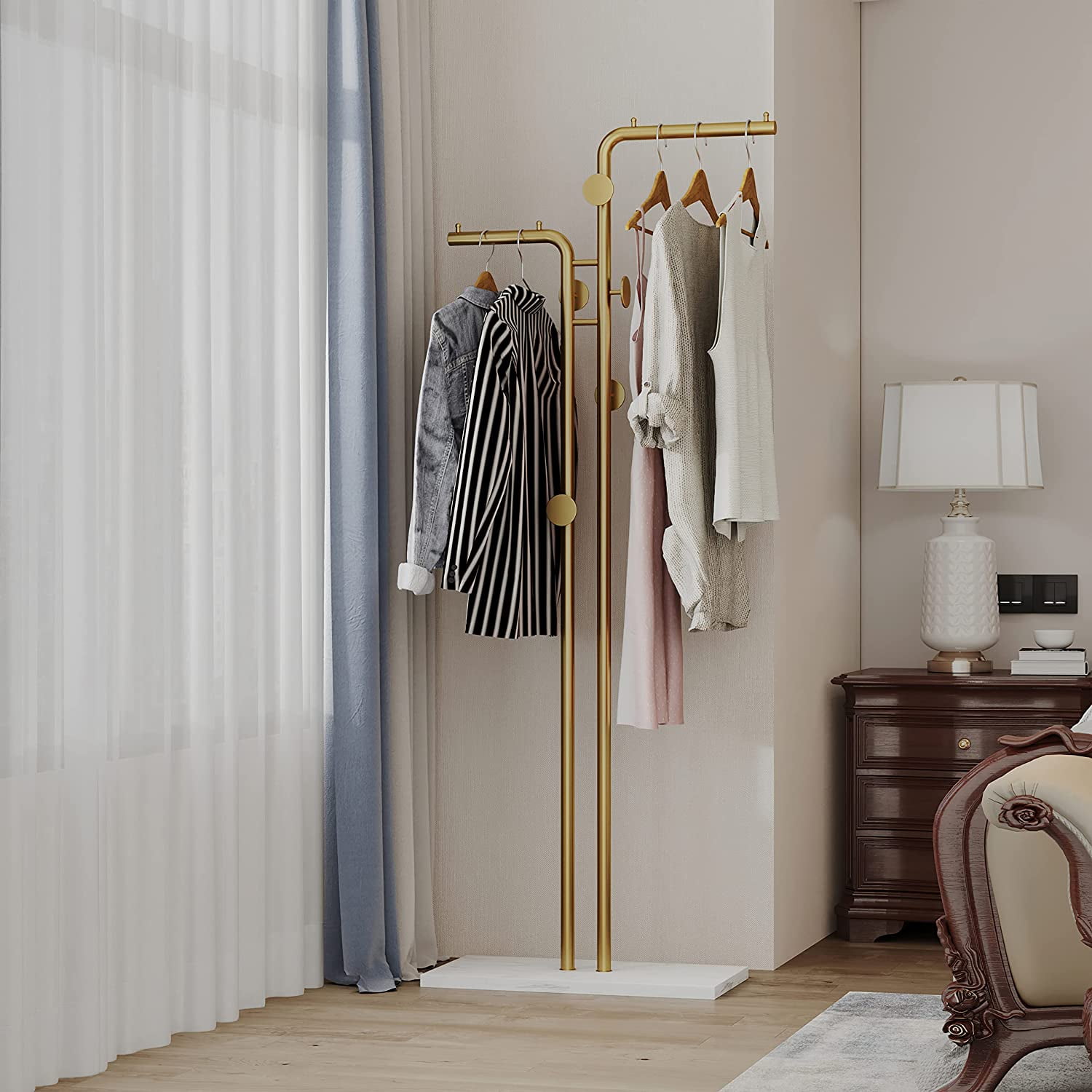 Modern Black and Gold Metal Freestanding Coat Rack with Marble Base