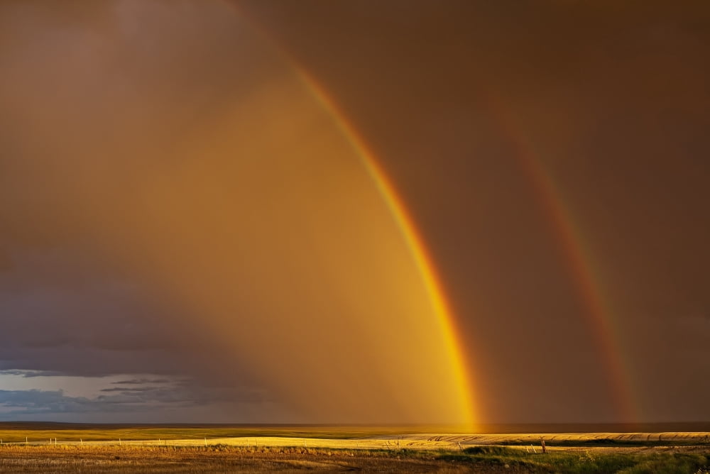 Double rainbow over a prairie field after a storm Val Marie Saskatchewan Canada Canvas Art - Robert Postma Design Pics (34 x 22)