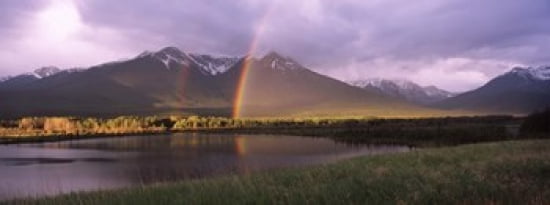Double rainbow over mountain range Alberta Canada Canvas Art - Panoramic Images (30 x 12)