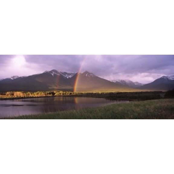 Double rainbow over mountain range Alberta Canada Canvas Art - Panoramic Images (30 x 12)