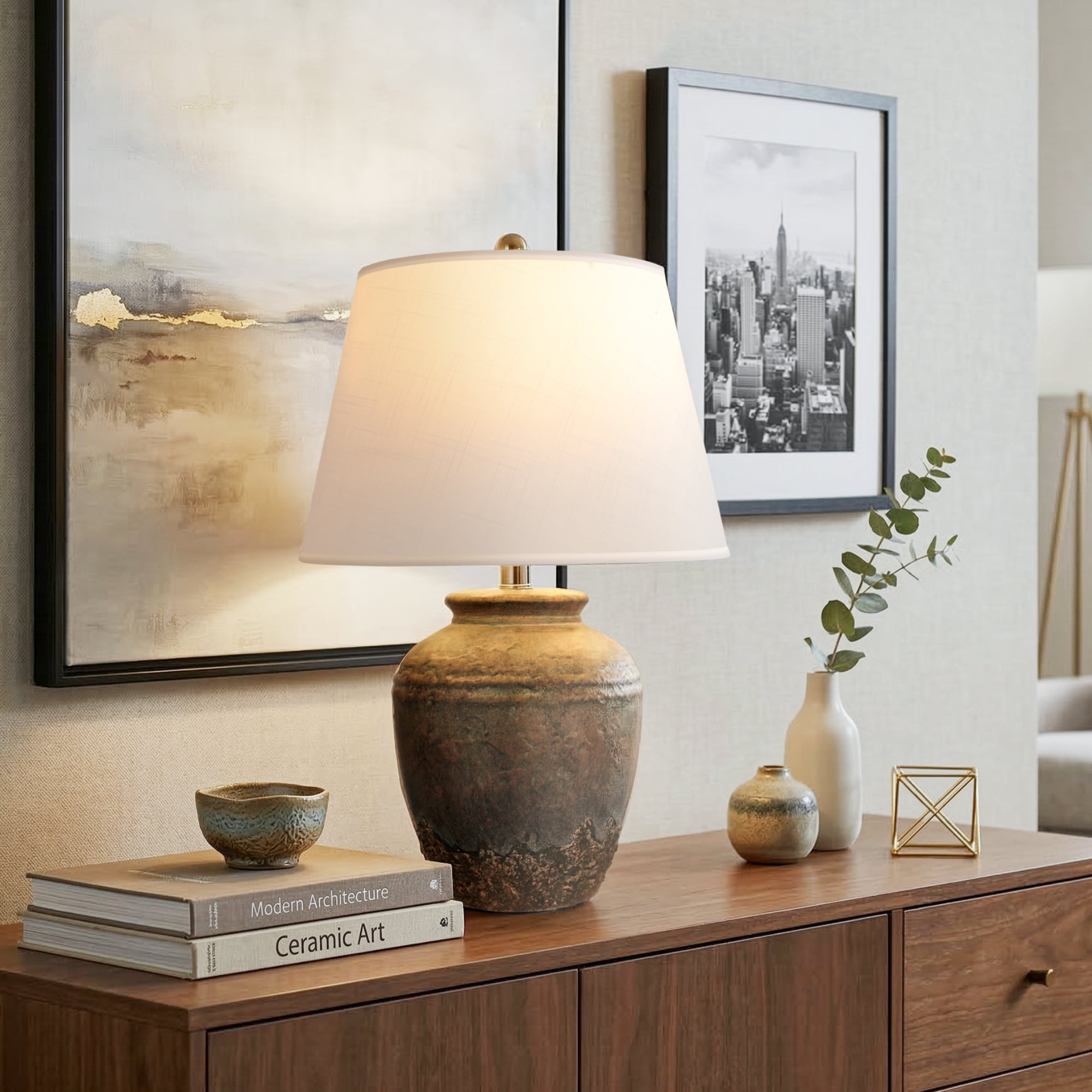 22in Rustic Ceramic Jar Table Lamp, Farmhouse Bedside Lamp, Vintage Textured Finish for Bedroom, Living Room, Office