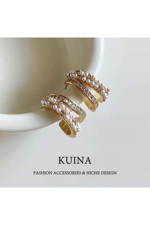 Double rows of diamond stud earrings female pearl temperament senior sense of circle sterling silver needle earrings ear jewelry