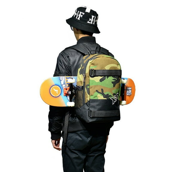 Double-shoulder Skateboard Large-capacity Backpack Multi-functional Double Rocker Land Punching Board,Camouflage