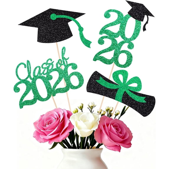 Double-sided 16 PCS Graduation Cake Toppers – Green Class of 2026 Centerpieces Picks for Graduation Theme Party Decorations Supply, Graduation Party Decorations