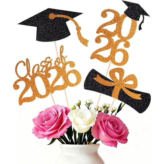 Double-sided 16 PCS Graduation Cake Toppers – Orange Class of 2026 Centerpieces Picks for Graduation Theme Party Decorations Supply, Graduation Party Decorations