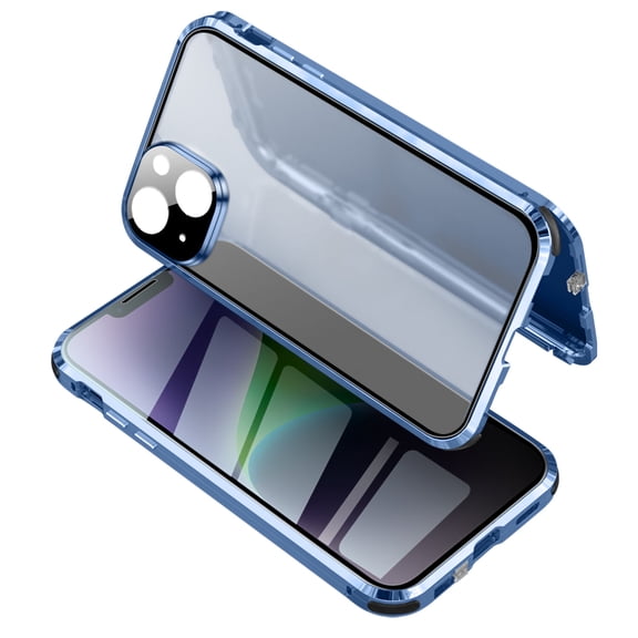 Double-sided Glass Anti-peek Case for iPhone 14 6.1", Rugged Ultra-clear PC Backpane Anti-drop Metal Frame Self-locking Clips Shockproof Magnetic Explosion-proof Case, Blue