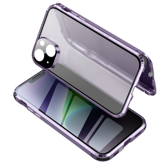 Double-sided Glass Anti-peek Case for iPhone 14 6.1", Rugged Ultra-clear PC Backpane Anti-drop Metal Frame Self-locking Clips Shockproof Magnetic Explosion-proof Case, Purple