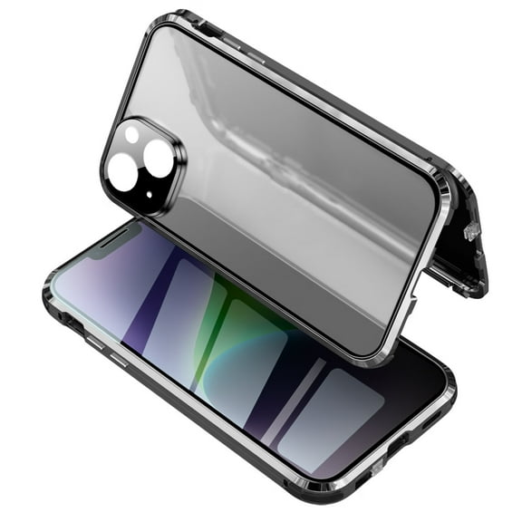 Double-sided Glass Anti-peek Case for iPhone 14 Plus 6.7", Rugged Ultra-clear PC Backpane Anti-drop Metal Frame Self-locking Clips Shockproof Magnetic Explosion-proof Case, Black