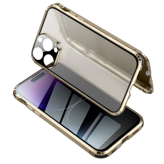 Double-sided Glass Anti-peek Case for iPhone 14 Pro 6.1", Rugged Ultra-clear PC Backpane Anti-drop Metal Frame Self-locking Clips Shockproof Magnetic Explosion-proof Case, Gold