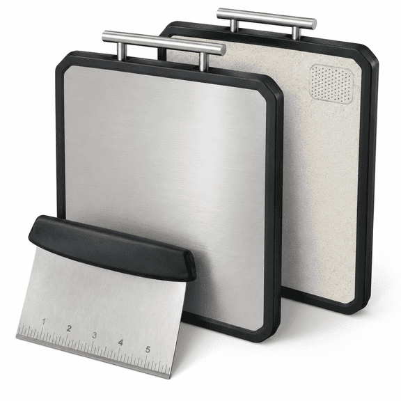Double-sided Metal Kitchen Board with Steel Handle and Scraper, 16" x 11"