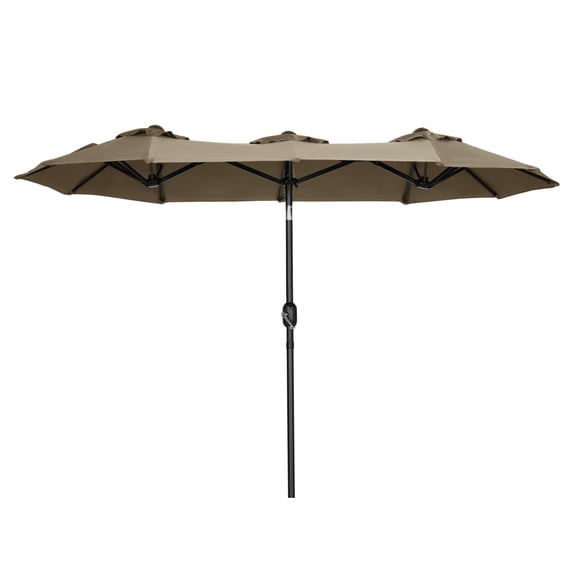 Double-sided Patio Umbrella 9.5' Large Outdoor Umbrella with Push Button Tilt and Crank, 3 and 12 Ribs, for Garden, Deck, Pool, Gray Light Brown + Polyester