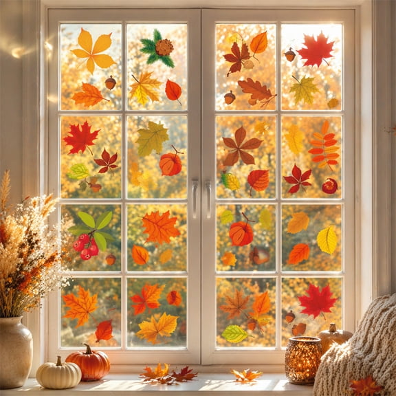 Double Sided Printing Window Clings 6 Sheets Reusable Autumn Leaves Stickers Decorations for Christmas Halloween Thanksgiving Glass Window