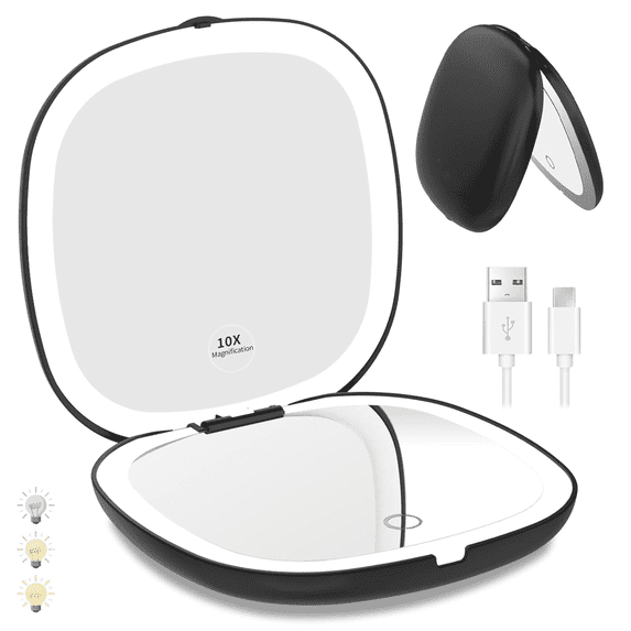 Double-sided Rechargeable Travel Makeup Mirror with Lights and Magnification 10X, LED Compact Mirror with 3 Light Colors & Adjustable Brightness, Small Vanity Mirror Handheld for Purse - Black