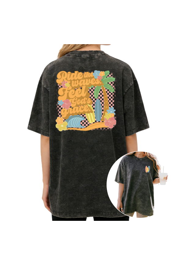 Double-sided Ride The Waves Feel God's Grace Retro Checkered Palm Tree Surf Graphic Tees T-shirt Tops Short Sleeve