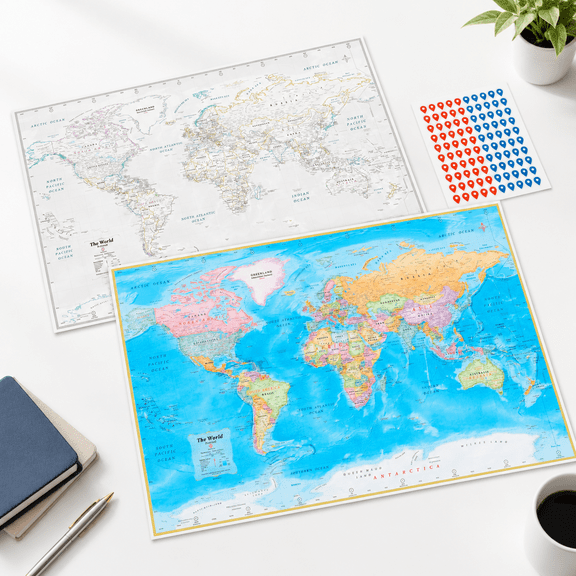 Double-sided Waterproof Travel Map Poster, 24x36 Folded, Pin Sticker-resistant