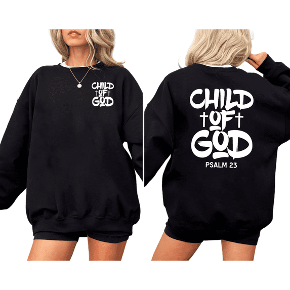 Double-sided Women Fashion Child of God Graphic Tee Relaxed T Shirt Top Funny Round-neck long-sleeved Black S-3XL
