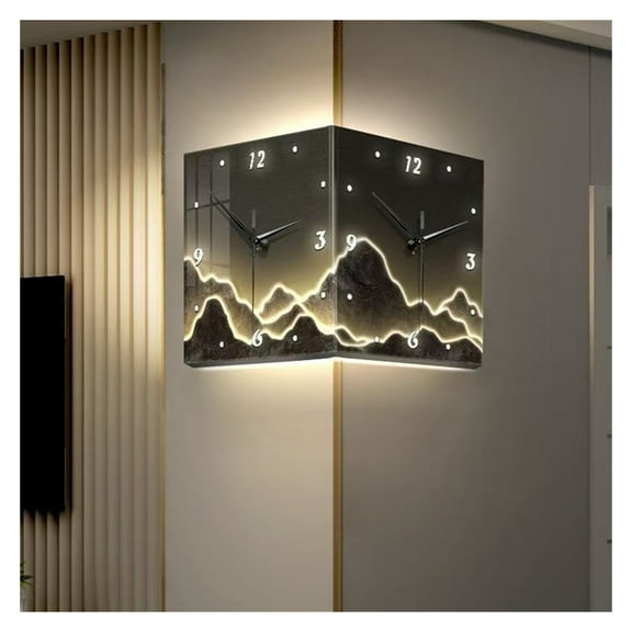 Double-sided corner wall clock, modern LED decorative clock, silent quartz clock for living room, entryway, and bedroom, corner wall clock with ambient lighting.