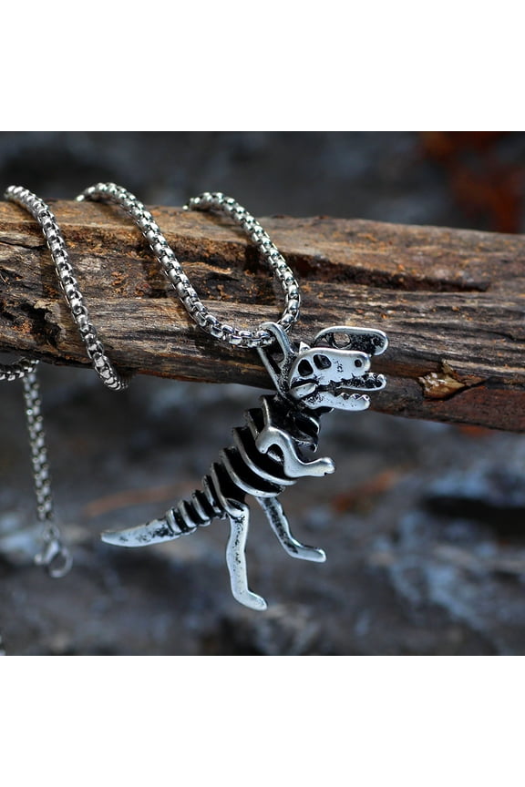 Double-sided dinosaur skeleton pendant 3D dinosaur with chain men's necklace