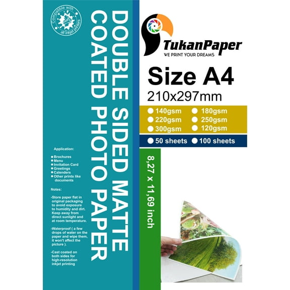 Double sided matte Inkjet Photo Paper 8.3"x11.6" ( 210 x 297mm ) A4 Size 100 sheets weight 140gsm great for presentations, note cards craft projects signages photographs