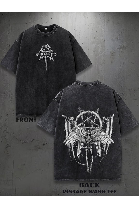 Double-sided printed, suitable for both men and women, fashionable round-neck casual water-washed T-shirt. Features black Gothic symbols and angel skull designs. Japanese retro street style.