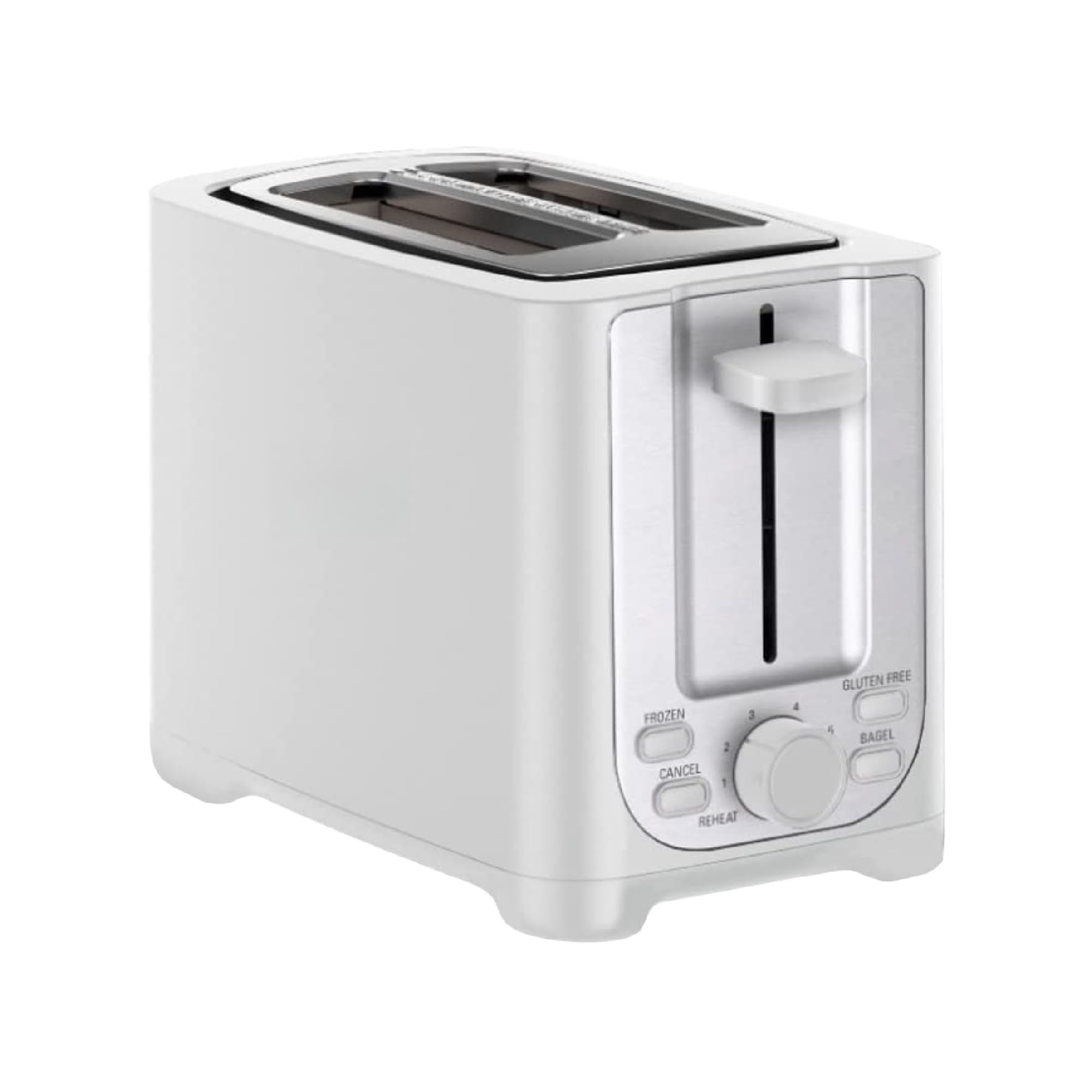 Double-slot toaster with automatic shut-off - extra-wide slots, removable crumb tray, and cancel, defrost, and reheat functions - can toss bread, bagels, and waffles.