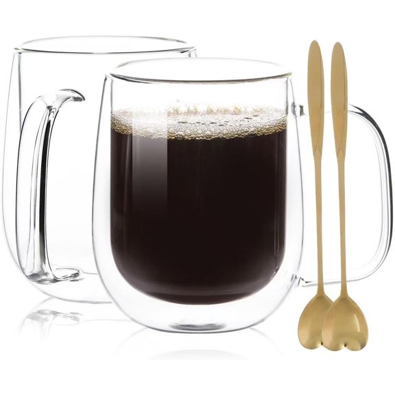 Double walled coffee cup, Two-piece set9.85oz - transparent glass with handle, built-in, cappuccino, tea, latte cup (B)